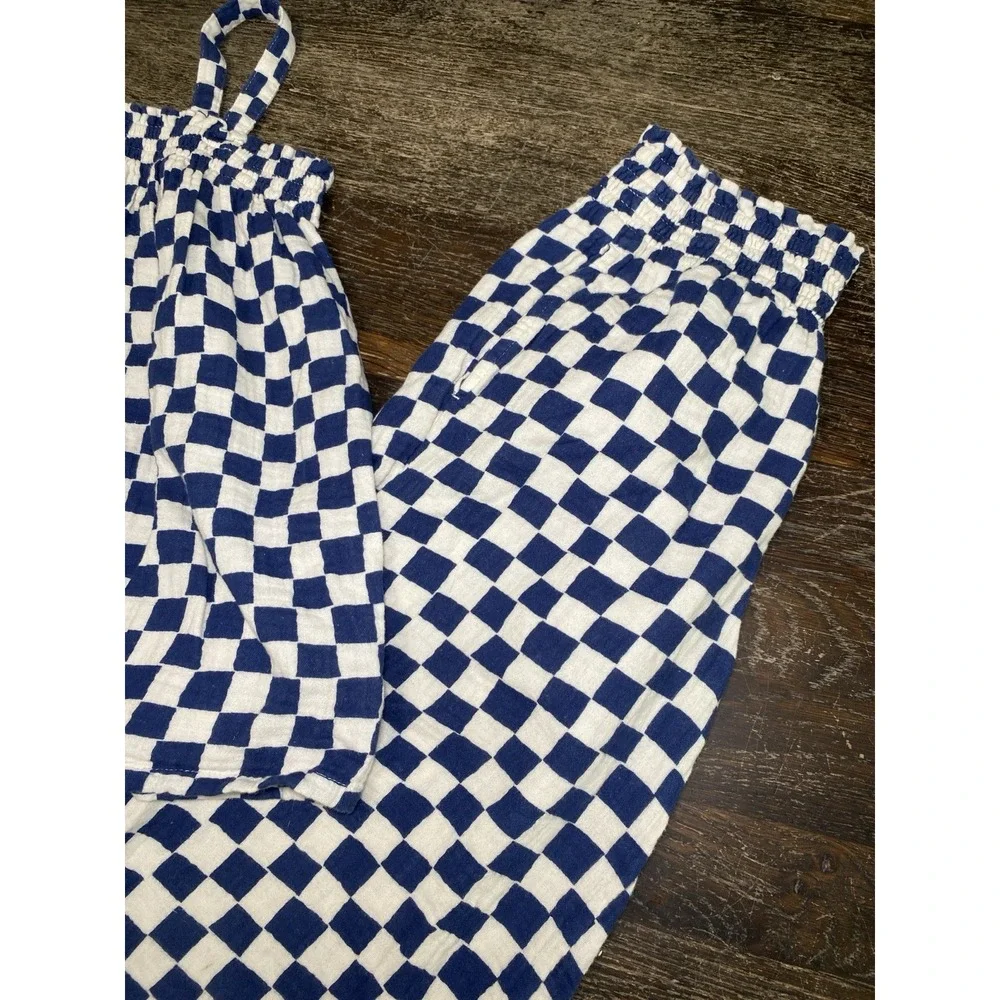 2PC Hanna Andersson Smocked Cami Top & Wide Leg Pant Set Navy White Check 10/12
